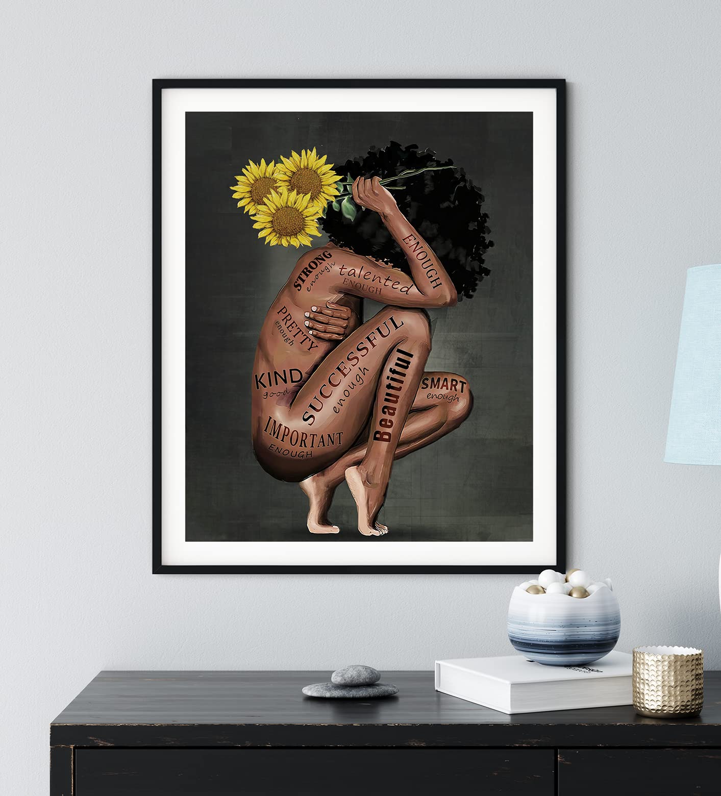 Black Women Poster African American Wall Decor Black Queen Canvas Prints Black Women Portrait Wall Art Abstract Sunflower Canvas Printing Print for Office Bedroom Decorations 16X24 in UNFRAMED