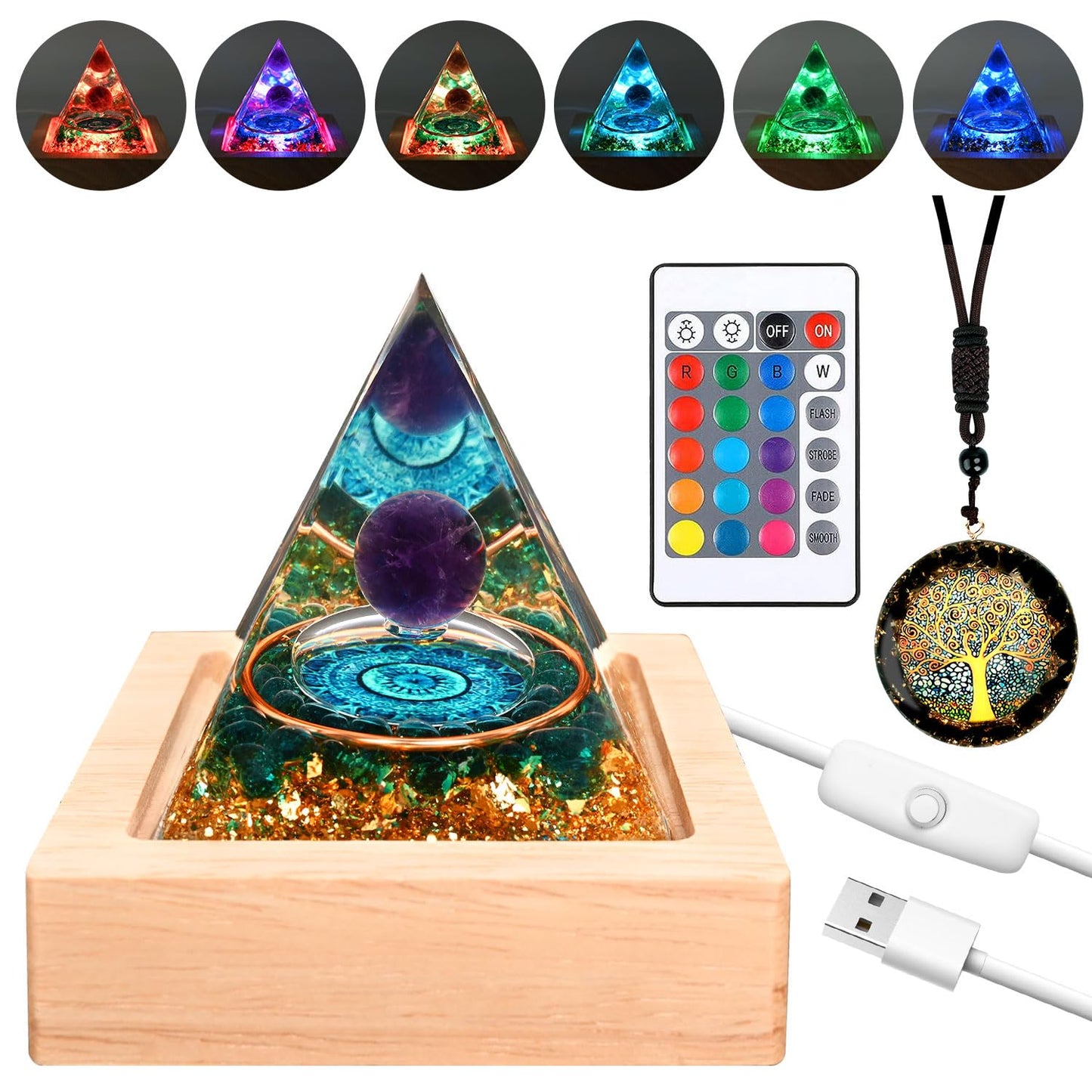 Zurligi Organite Orgone Pyramid, Orgone Pyramid with Wooden Led Display Base with Remote Control Amethyst Chakra New Inspirational Orgonite Crystal Pyramid Kit for Positive Energy