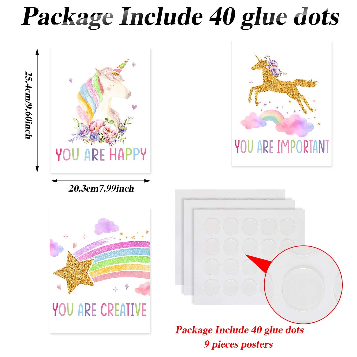 Zonon 9 Pieces Unicorn Rainbow Wall Art Prints Unicorn Rainbow Motivational Posters Unframed Watercolor Unicorn Rainbow Posters for Girls Kids Bedroom Nursery Decorations