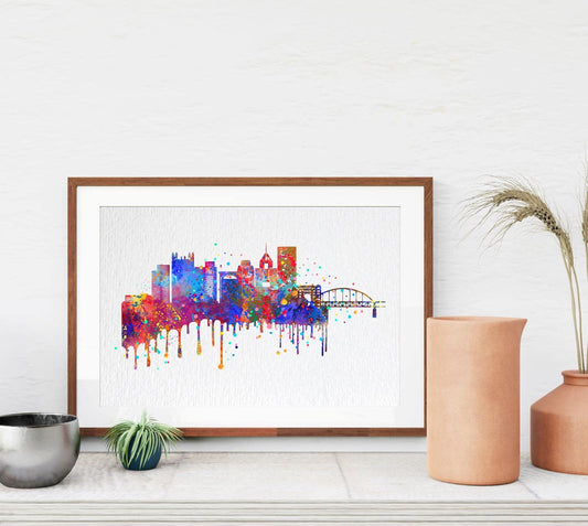 Dignovel Studios 8X10 Unframed Pittsburgh Skyline City Pennsylvania United States Cityscape Landmark Attraction Hometown Watercolor Art Print Poster Wall Art Nursery Kids Office Home Decor DN591