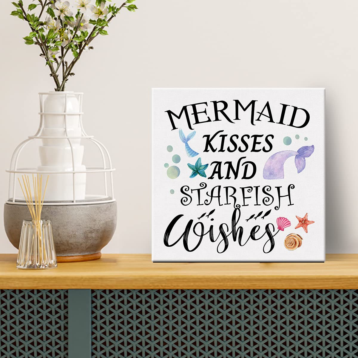 Country Beach Mermaid Canvas Prints Wall Art Decor Beach Poster Painting Framed Artwork Summer Signs Home Shelf Desk Wall Decoration 8 x 8 Inch