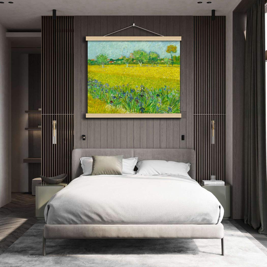 VanSP 8-32inch View of Arles with Irises in The Foreground Wall Art Van Gogh Oil Painting Poster Frame Hanger-Giclee Canvas Prints with Wooden Scroll 26x20in(67x50cm)