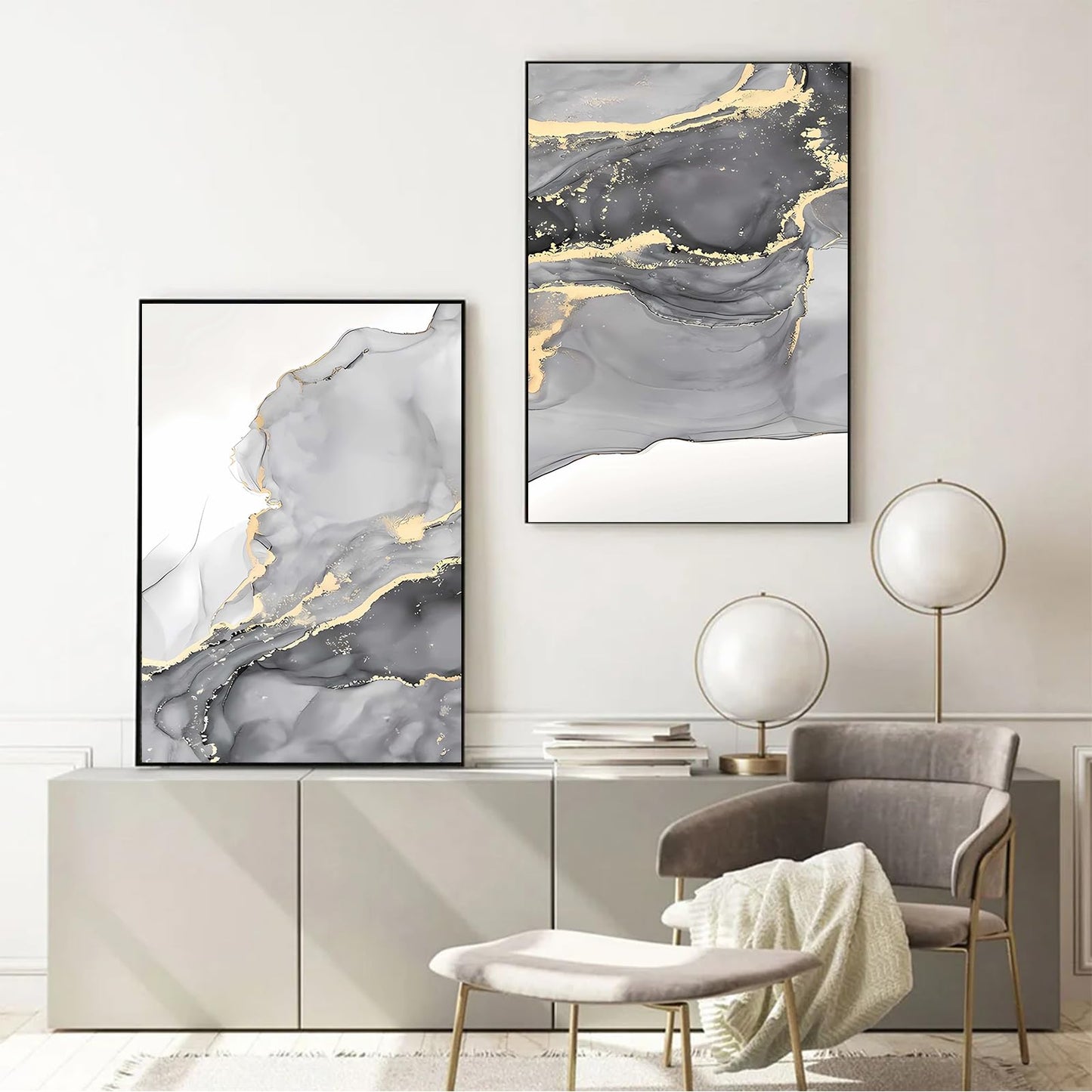 Recrtain Grey Gold Canvas Painting Abstract Wall Art Pictures Modern Marble Posters and Prints for Living Room Interior Home Decor Unframed