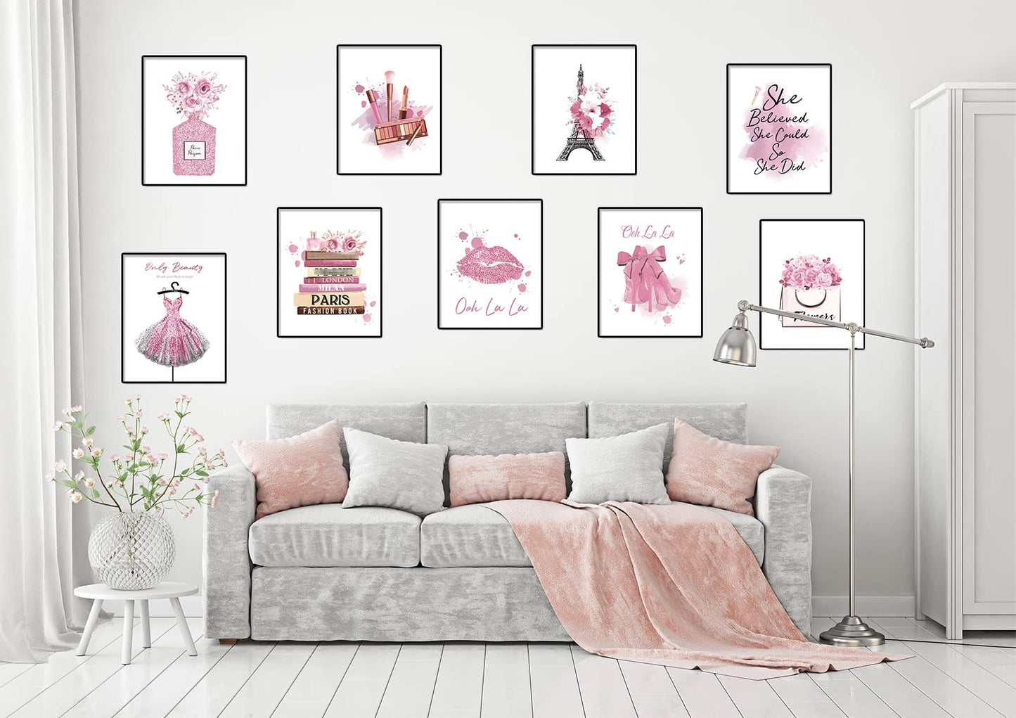 DRBLUEB Pink Flower Perfume Fashion Paris Wall Art Prints Set of 9 High Heels Lipstick Dress Wall Pictures Art Posters Wall Decor for Girls Bedroom Makeup Art Women Room 8''x10'' UNFRAMED, LXM0004-2