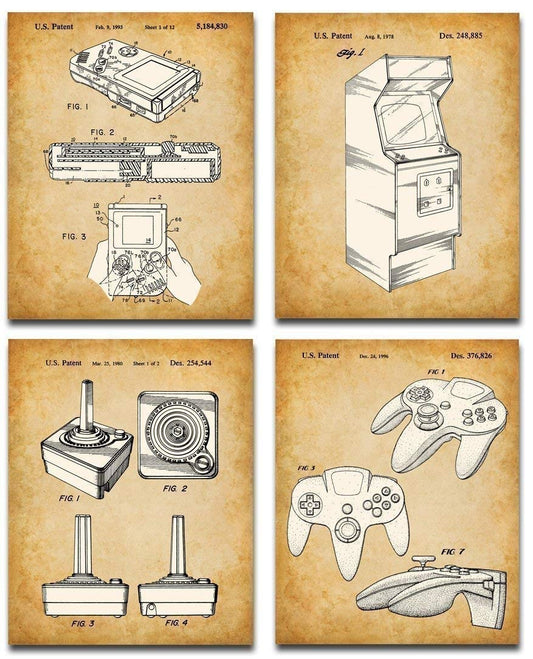 Original Video Games Patent Art Prints - Classic Gamer Room Decor, Teen Room Wall Art and Arcade Sign Poster, Vintage Gamer Gifts, Video Game Art Print, Set of 4 Art Set 8x10 Unframed Art Poster