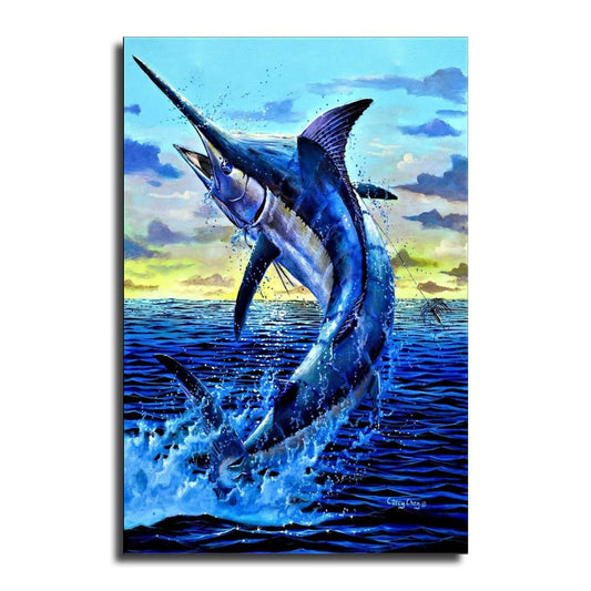 BUUTUUCE Ocean Jumping Blue Marlin Fishing Canvas Art Poster and Wall Art Picture Print Modern Family bedroom Decor Posters 08x12inch(20x30cm)