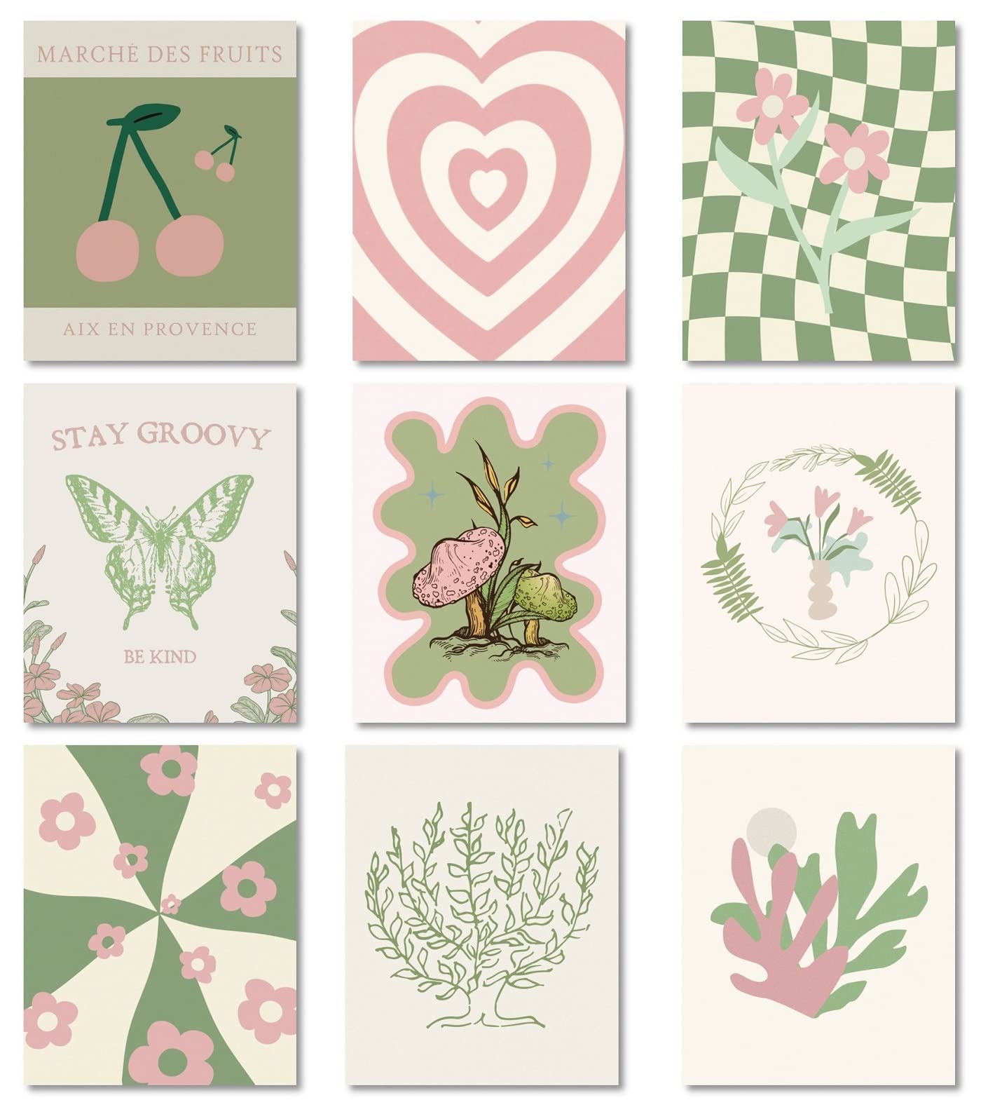MINI ZOZI Danish Pastel Posters 8x10 9pcs Aesthetic Room Decor Green And Pink Wall Art Prints Collage Cute Coquette Trendy Preppy Coconut Girl Y2k Kawaii Indie Retro Pictures Butterfly Heart Cherry