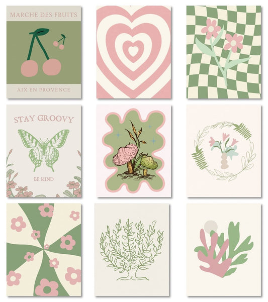 MINI ZOZI Danish Pastel Posters 8x10 9pcs Aesthetic Room Decor Green And Pink Wall Art Prints Collage Cute Coquette Trendy Preppy Coconut Girl Y2k Kawaii Indie Retro Pictures Butterfly Heart Cherry