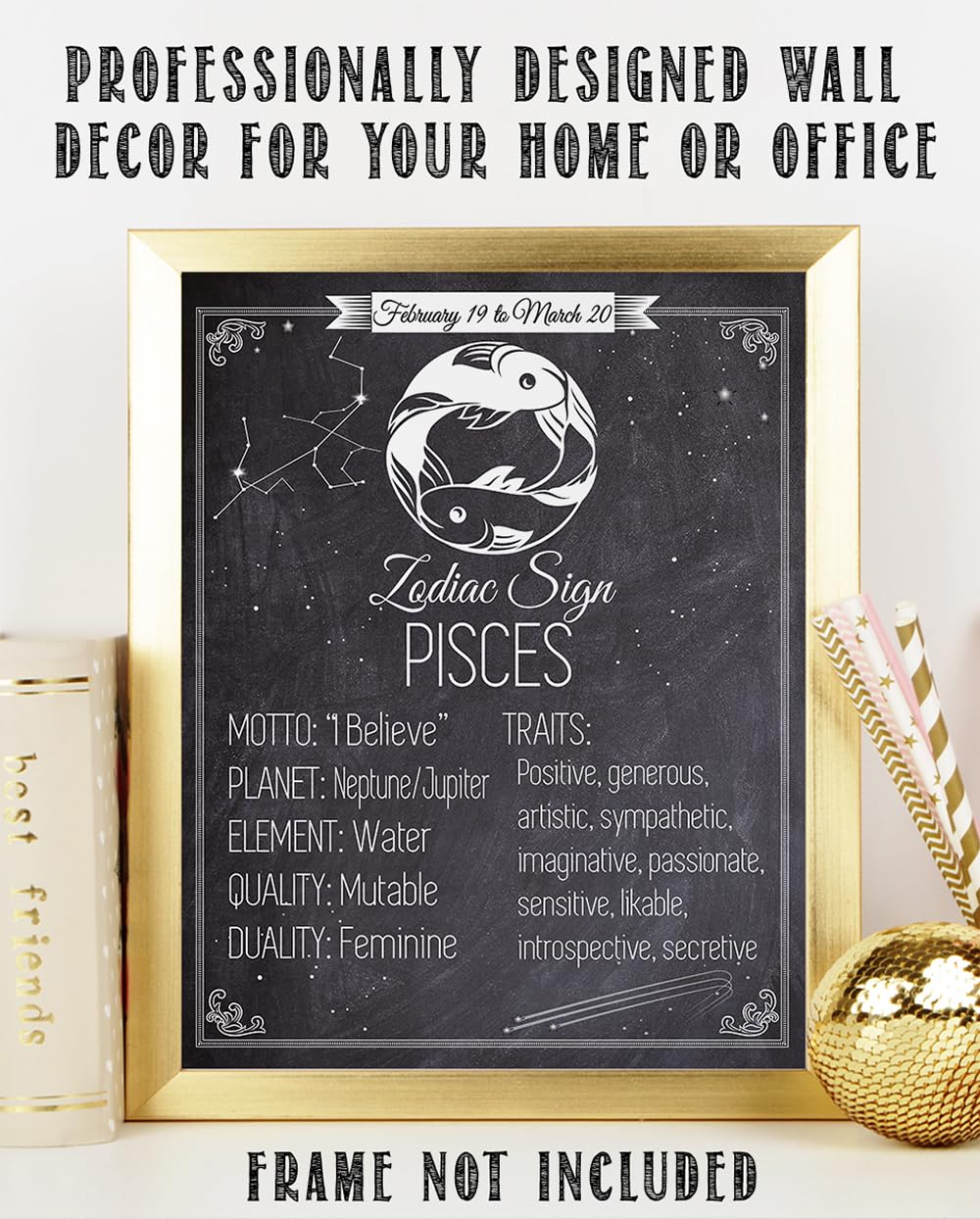 Astrology Posters - Zodiac Sign Pisces, The Fish -11x14 Unframed Art Print - Great Vintage Zodiac Poster, Astrology and Aptitude Vintage Home Wall Decor for Astrology Enthusiasts