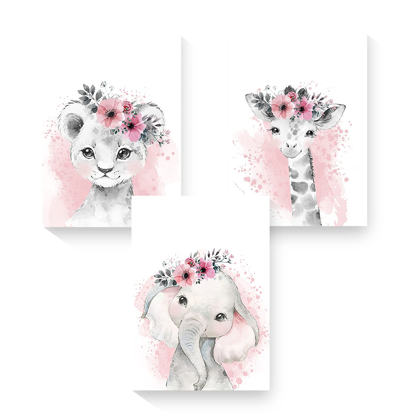 3pcs/set Kid Posters, Cute Animals Wall Art Kawaii Elephant Lion Giraffe Posters Floral Canvas Paintings Print Picture For Kids Room Nursery Decor Art(Kawaii Animals, 8"x12"x3pcs Unframed)