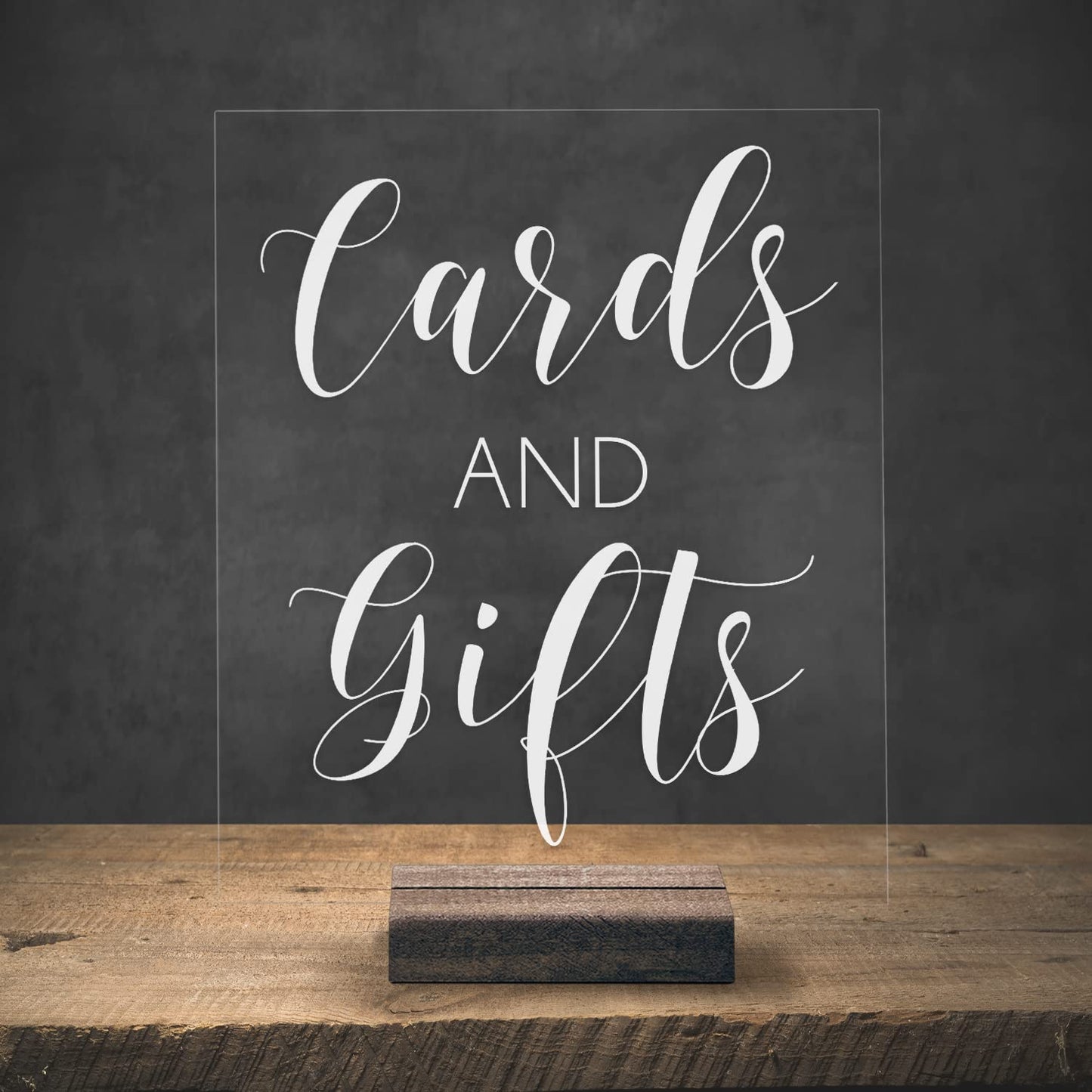 Cards and Gifts Acrylic Sign With Acrylic Base | 8x10 Lucite Wedding Decor | Acrylic Wedding Cards Table Sign (8X10, Dark Walnut Stand)