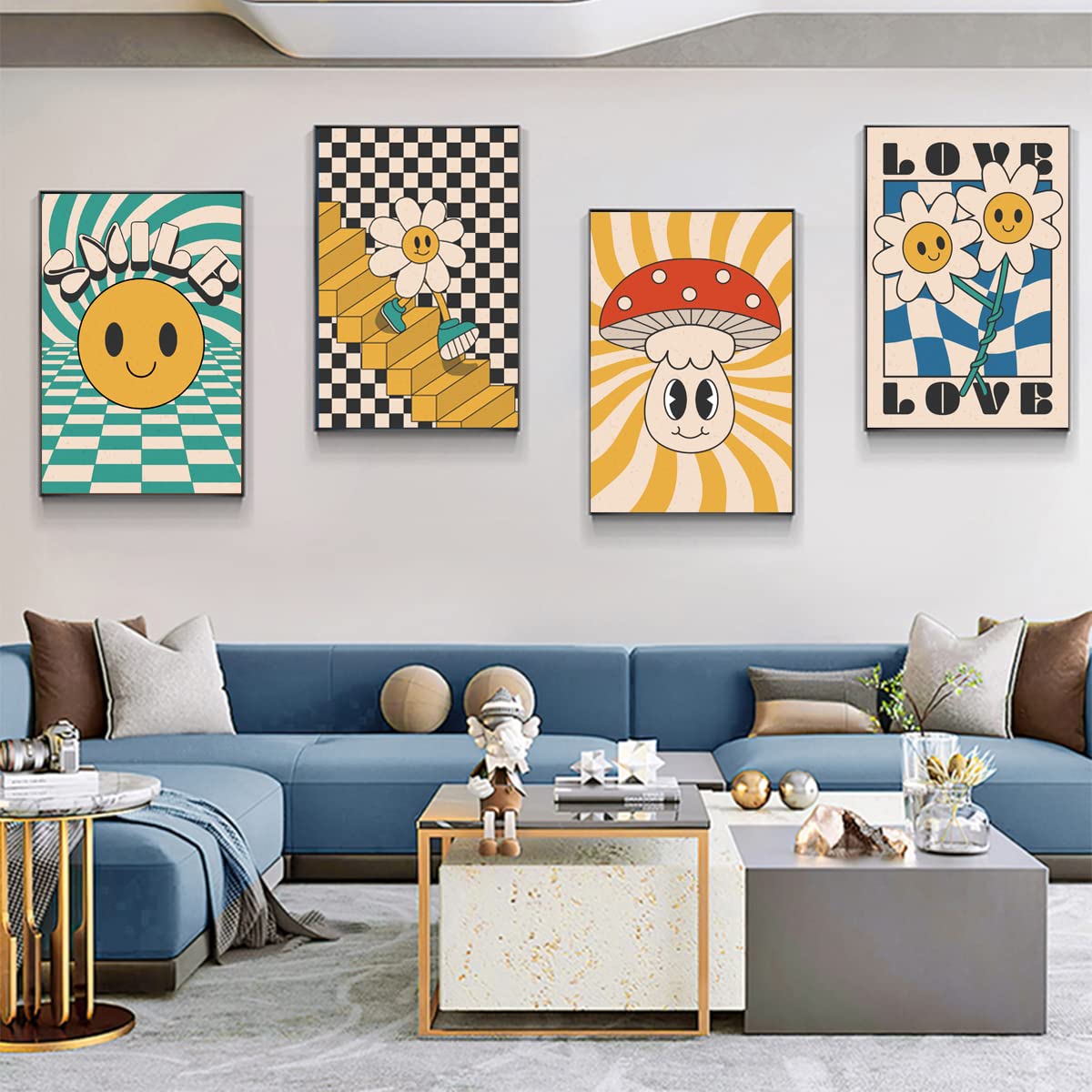 Hippie Wall Art Vintage Wall Decor Prints Hippie Flower Canvas 60s 70s Retro Posters Abstract Minimalist Happy Face Photos Boho Pictures for Living room Bedroom