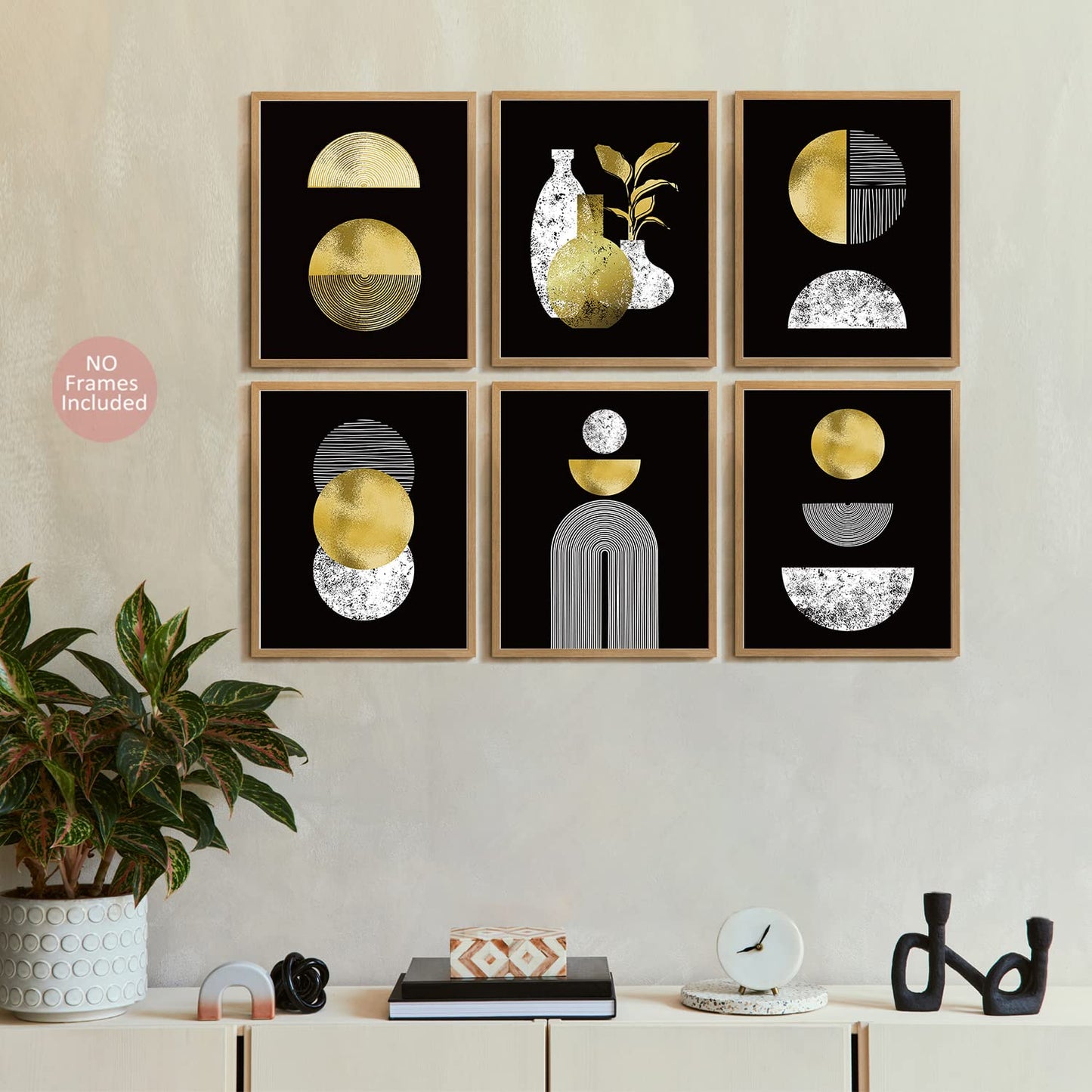 Gold and Black Boho Wall Art Prints Set of 6 (8x10) black art wall deco, Glossy Wall Art Decor, Mid-Century Modern Prints, Minimalist Geometric Boho Art Wall Posters for Bedroom Living Room