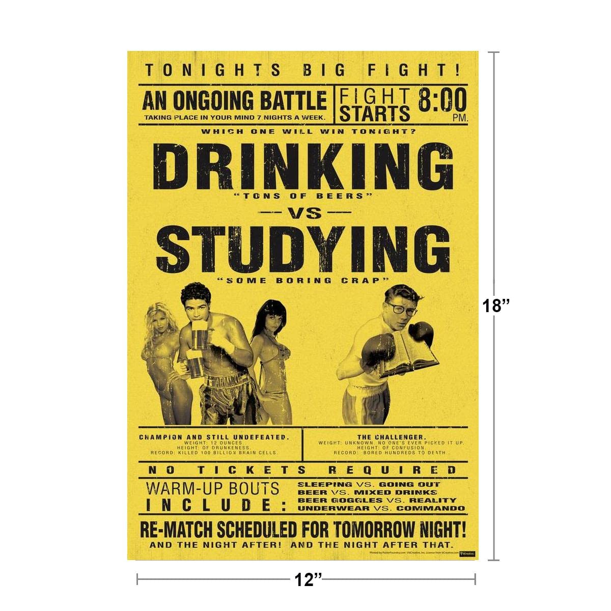 Drinking vs. Studying Fight College Dorm Room Drink Party Mock Boxing Match Parody Funny Educational Cool Wall Decor Art Print Poster 12x18