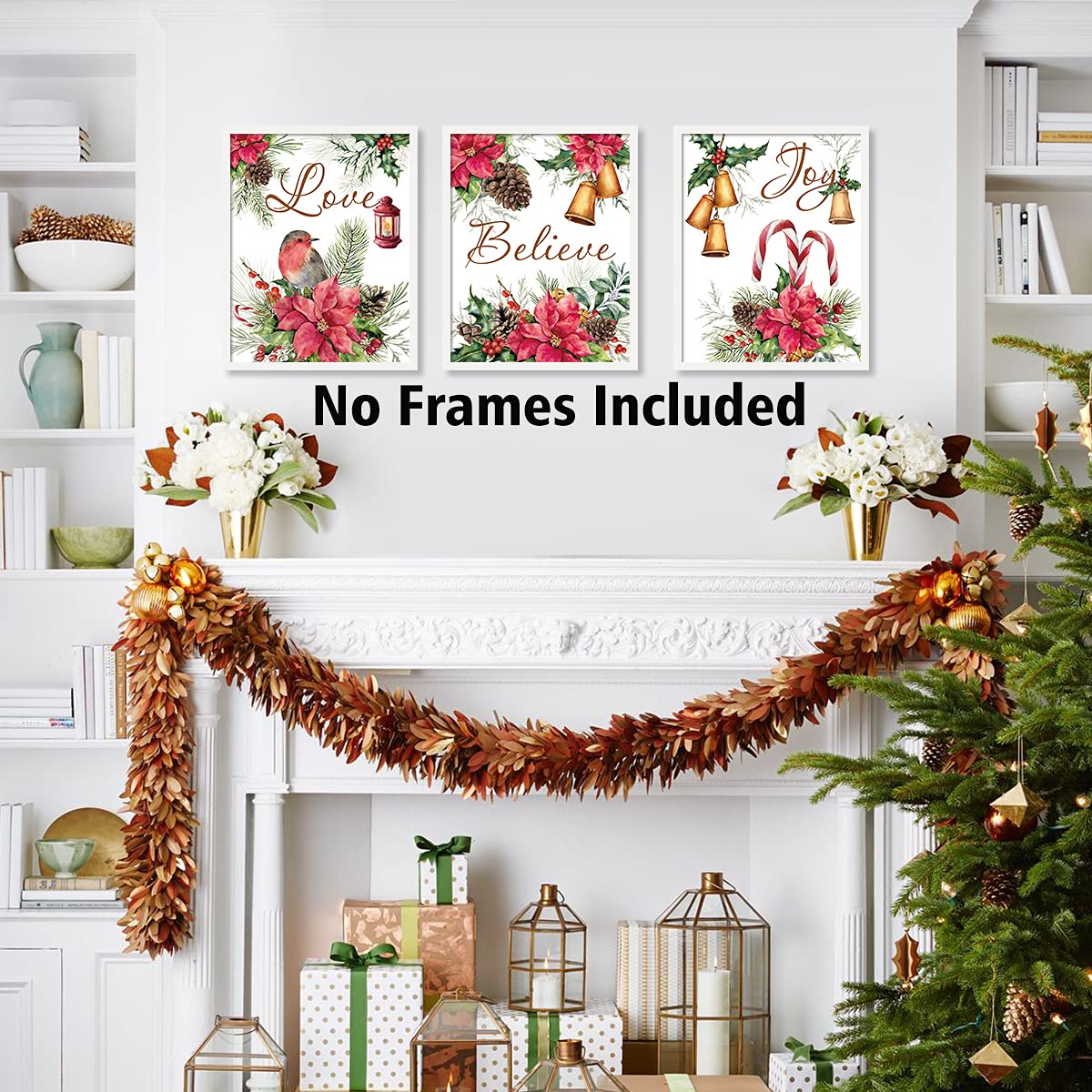 HLNIUC Jingle Bell Christmas Canvas art print,Vintage Xmas lettering Wall Art (4pcs, 8”X10”, Unframed),Red Poinsettia Flowers Poster For Bedroom Holiday Party Decor