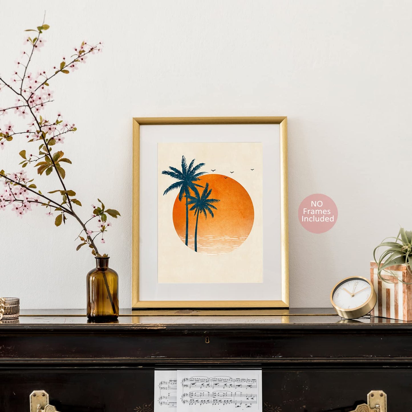 Abstract Sun And Moon Print, Coconut Tree Sun, Minimal Wall Art Poster, Boho Wall Decor, Modern Mid Century Geometric Decor Boho Sun, Sunset Art, (Set Of 4 Prints 8x10 Inch No Frame)