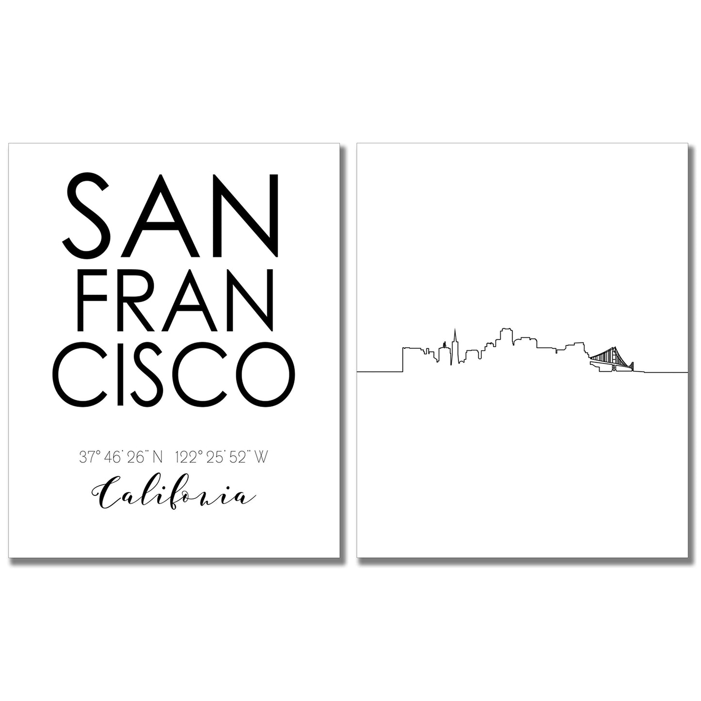 San Francisco City Skyline Wall Décor Prints - Set of 2 (8x10) Art Photos - Typography Minimalist Poster