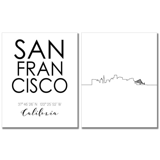 San Francisco City Skyline Wall Décor Prints - Set of 2 (8x10) Art Photos - Typography Minimalist Poster