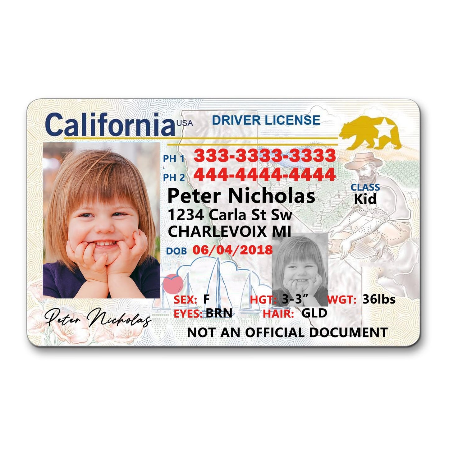 Kid ID Card Novelty Driver License Card For Children Under 12 Years Child Safety ID Badges With Phone Number Custom ID Card Anti-loss