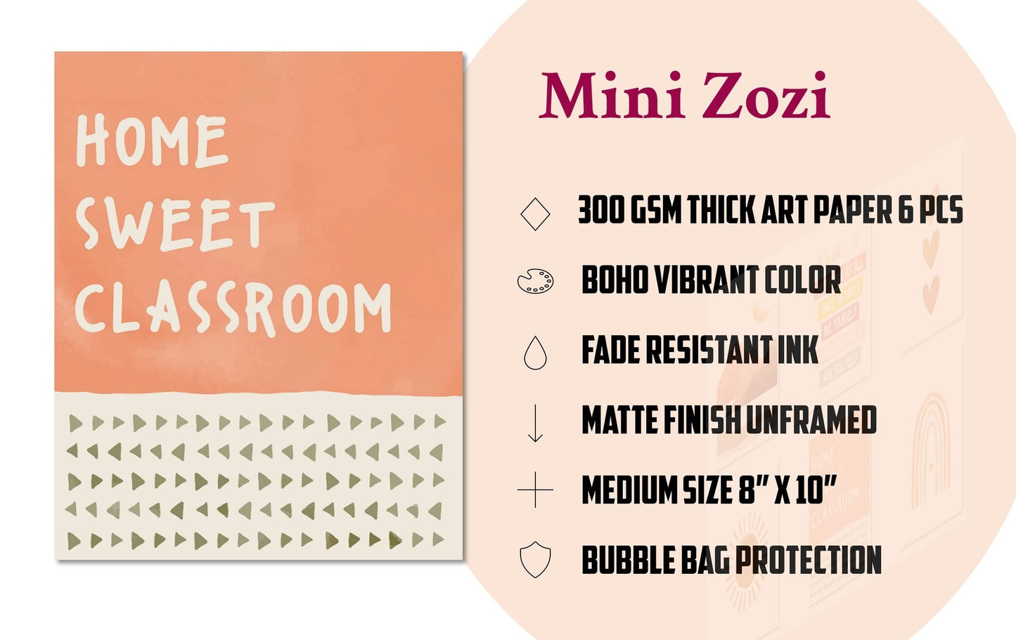 MINI ZOZI Boho Classroom Decor Wall Art 6 PCS 8X10 Prints Neutral Decorations Home Sweet Classroom Rainbow Inspirational Groovy Pastel Themes Bed Poster Kids Teachers Posters Playroom Kids Corner