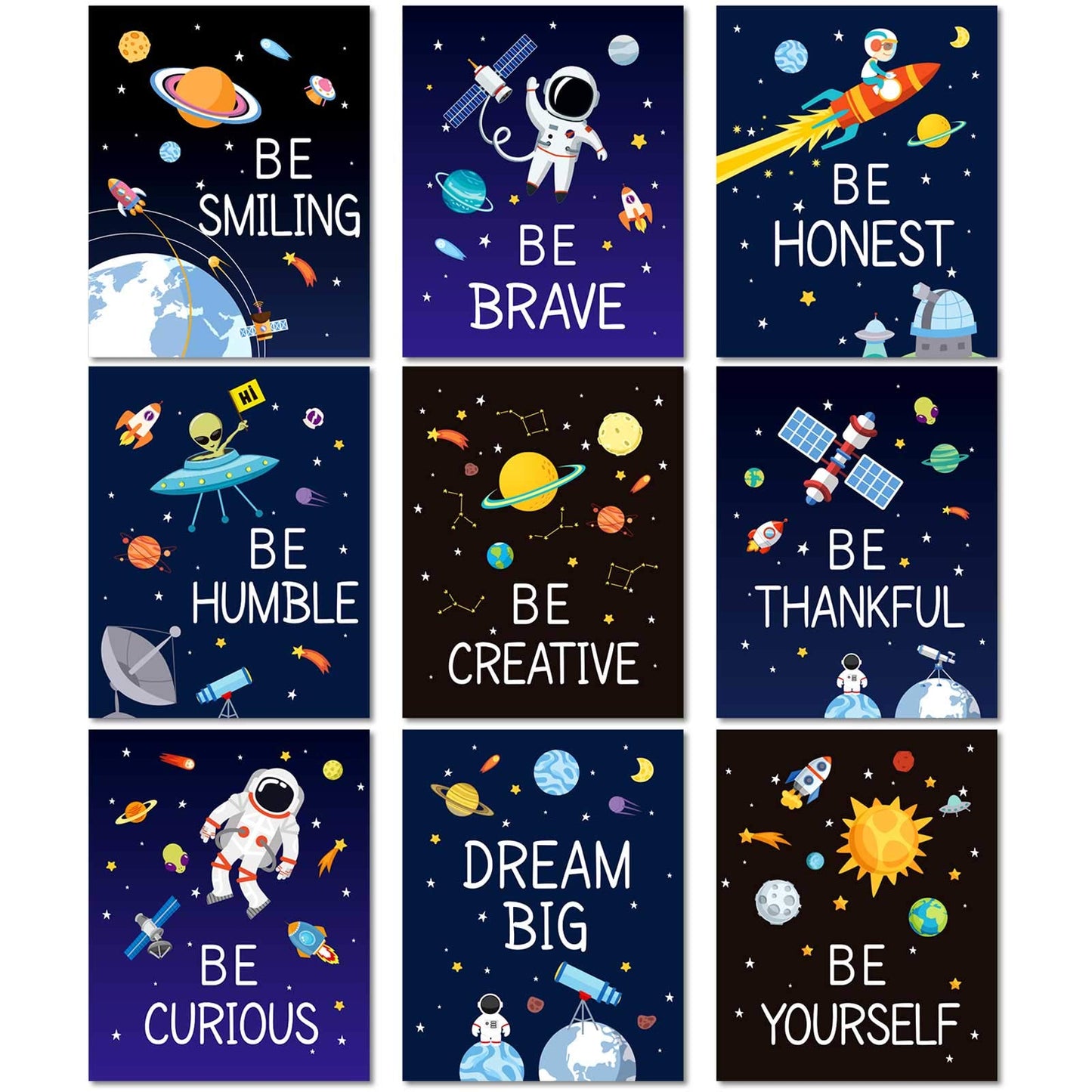 Zonon 9 Pieces Space Wall Prints Unframed Space Inspirational Posters 8 x 10 Inch Planet Motivational Quote Pictures for Playroom Bedroom Classroom Decor College Dorm