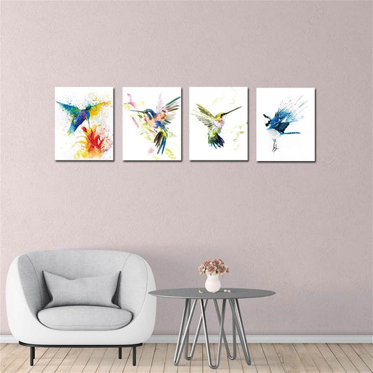 Kiddale Hummingbirds Wall Art Prints,Abstract Watercolor Birds Painting Decor Canvas Print Poster for Living Room Bedroom Office Decor,Set of 4(8"x10") Unframed