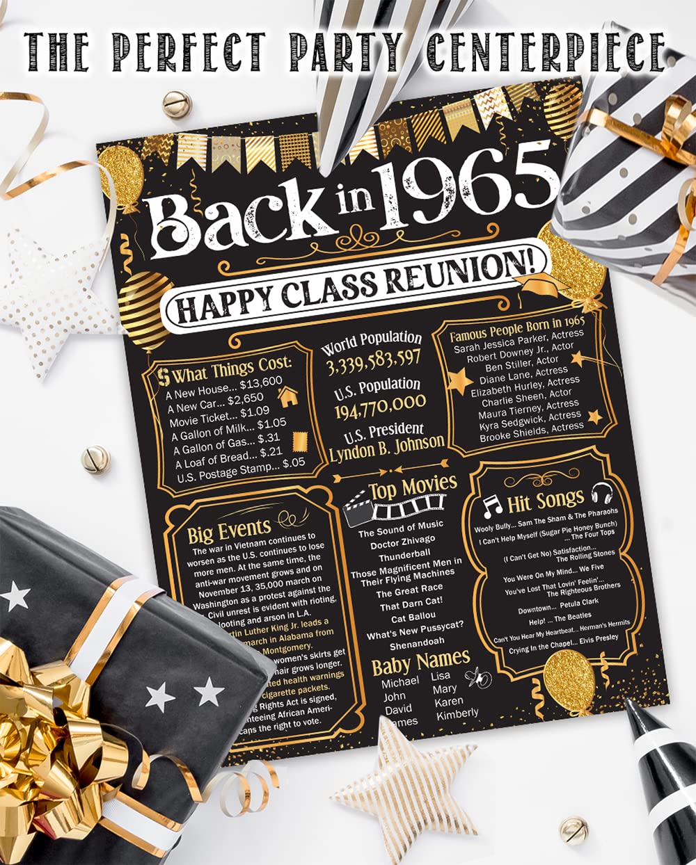 59th High School Reunion (Fifty-nine) Decoration in Gold - Remembering The Year - Class of 1965-11x14 Unframed Poster - Perfect Party Decor and Gift