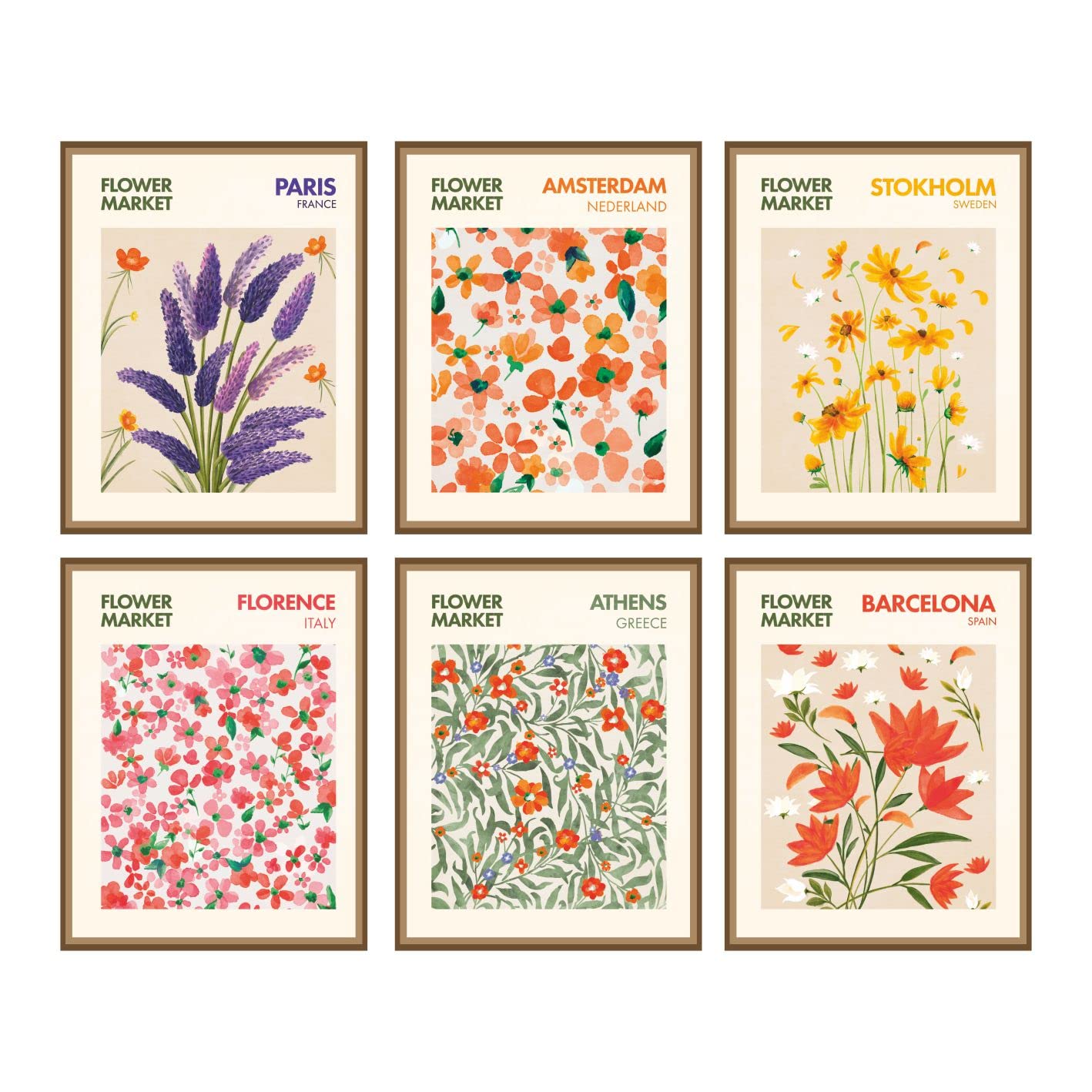 Batuba Design,Flower Market Wall Decor Poster Prints, Flower Market Room Decor, Set of 6 UNFRAMED ( 8''x10''), Flower Market poster,FLower Market Room Decorations, Flower Bothanic Poster