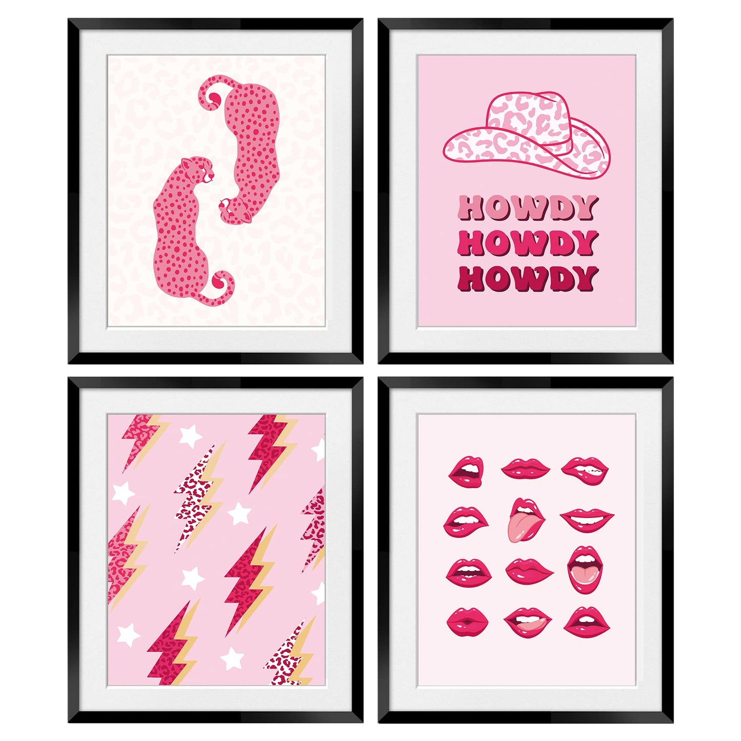 OGILRE Hot Pink Preppy Howdy Leopard Cowgirl Hat Cheetah Lips Lightening Aesthetic Wall Art Decorations Prints, Preppy Dorm Posters, 8x10 Inch 4 Set UNFRAMED