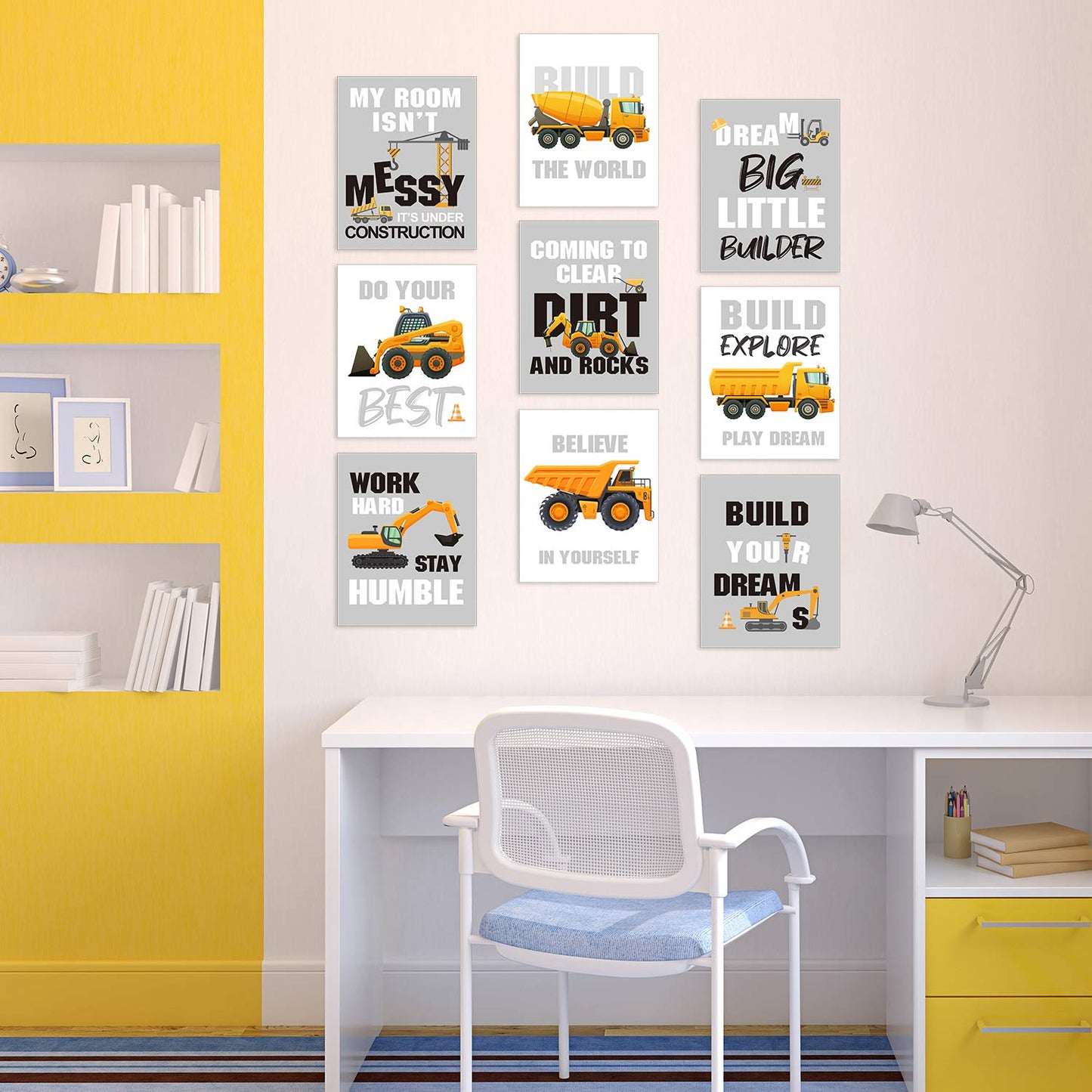 Outus Set of 9 Construction Trucks Inspirational Quote Art Print Transport Vehicle Motivational Phrases Wall Art Poster Nursery or Kids Room Decoration Unframed, 8 x 10 Inch