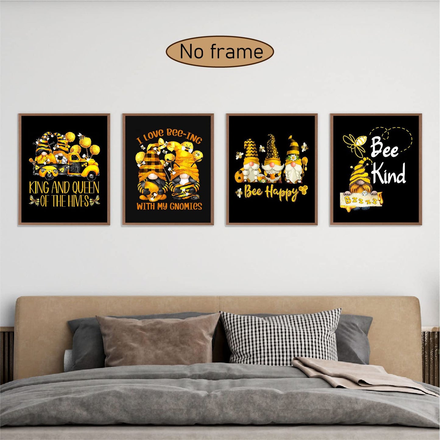 VNWEK Inspirational Quote Bee Kind Bee Happy Cute Bee Gnome Wall Art Poster Prints Unframed 8”x10”Set Of 4,Cute Bee Gnome Decorations for Home Kitchen Girls Room,Gnome Lovers Women Girls Gifts