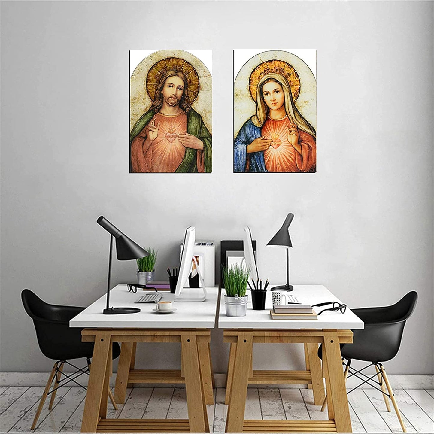 WRR Sacred Heart of Jesus and Mary Painting Poster Picture Print 2 Pieces Canvas Wall Art Home Room Decor Our Lady Mary Immaculate Conception Mural -731 (8x12*2inch-NoFramed)