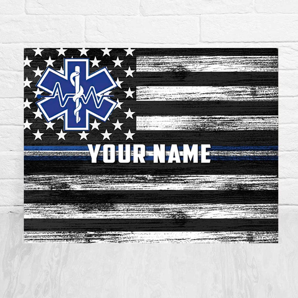 HomeDesign Personalized EMS EMT Paramedic Thin White Line Star American Flag Graduation Custom Retired Retirement Poster Canvas 1.5in Framed Prints Wall Art Home Decoration Artwork Picture EMT2