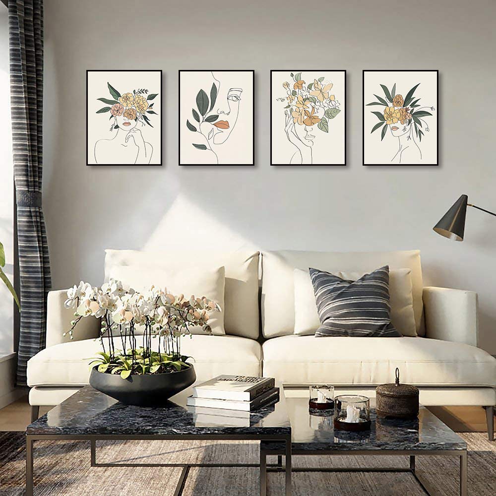 Modern Minimalist Fashion Pop Women Flower Wall Art Painting Set of 4 (8”X10” Canvas Picture) Bedroom Home Decor Prints Poster Frameless