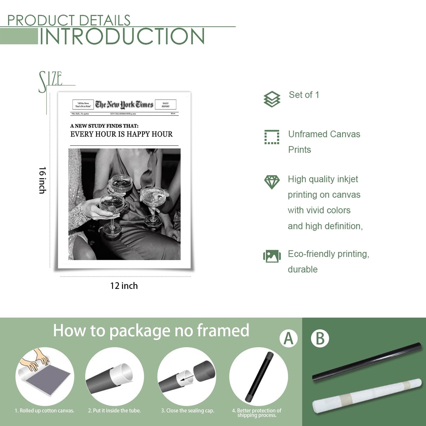 Trendy Wall Art Aesthetic Preppy Poster Print Champagne Funny Black and White New York News Canvas Wall Art Humor Quotes Retro Music Wall Decor for Living Room Bar Cart 12x16in Unframed