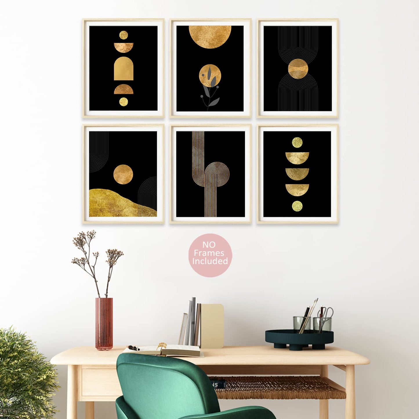 Black Art wall Decor,Boho Room Wall Art Decor, Gold and Black Boho Wall Art Prints Set of 6 (8x10)Minimalist Geometric Boho Art Wall Posters for Bedroom Living Room Bathroom Mid-Century Decor