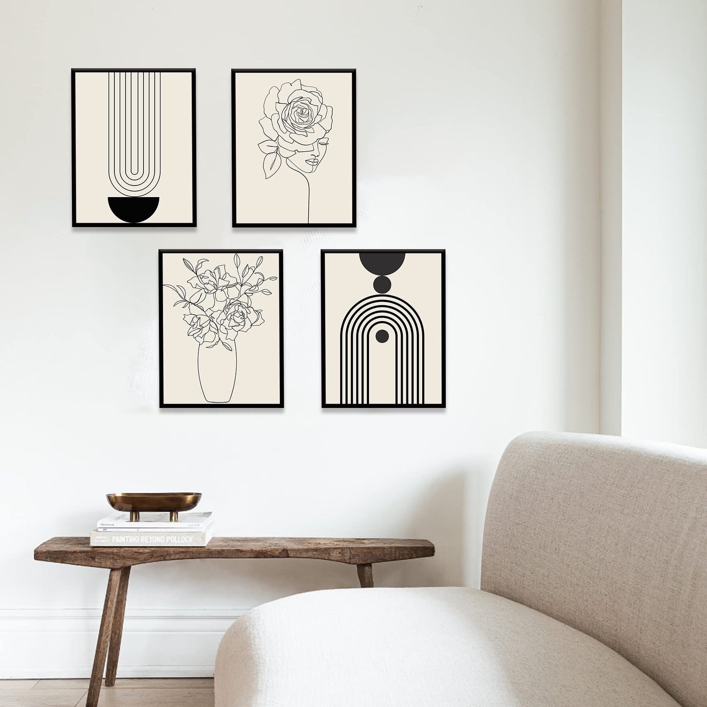Gufro Minimalist Boho Wall Art Prints Poster,Black Beige Women Body Line Art Flower Boho Art Prints, Office Home Decoration,8''x10''x4 Pcs Unframed
