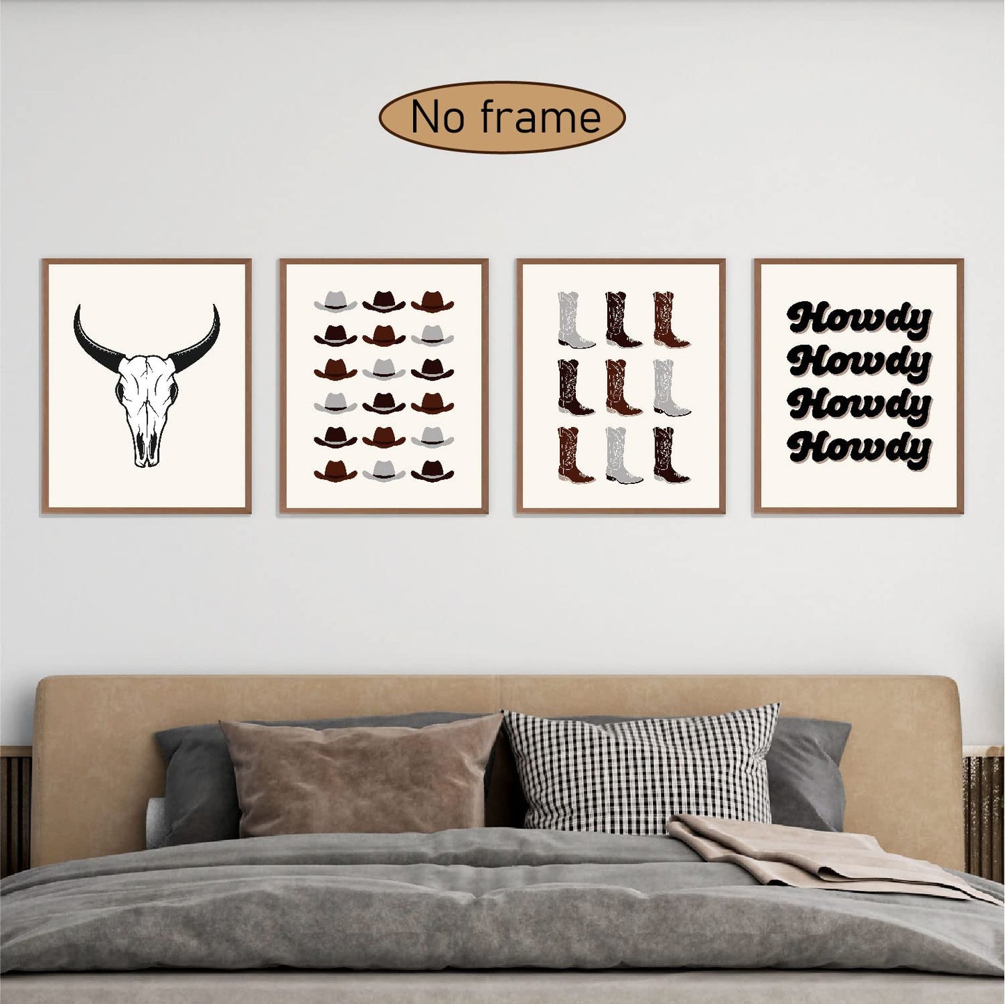 VNWEK Retro Beige Brown Preppy Howdy Western Bull Skull Cowboy Hat Boots Wall Art Poster Prints Unframed 8”x10”Set Of 4,Western Preppy Decorations for Home Preppy Room Dorm,Teen Girls Gifts (8x10inch)