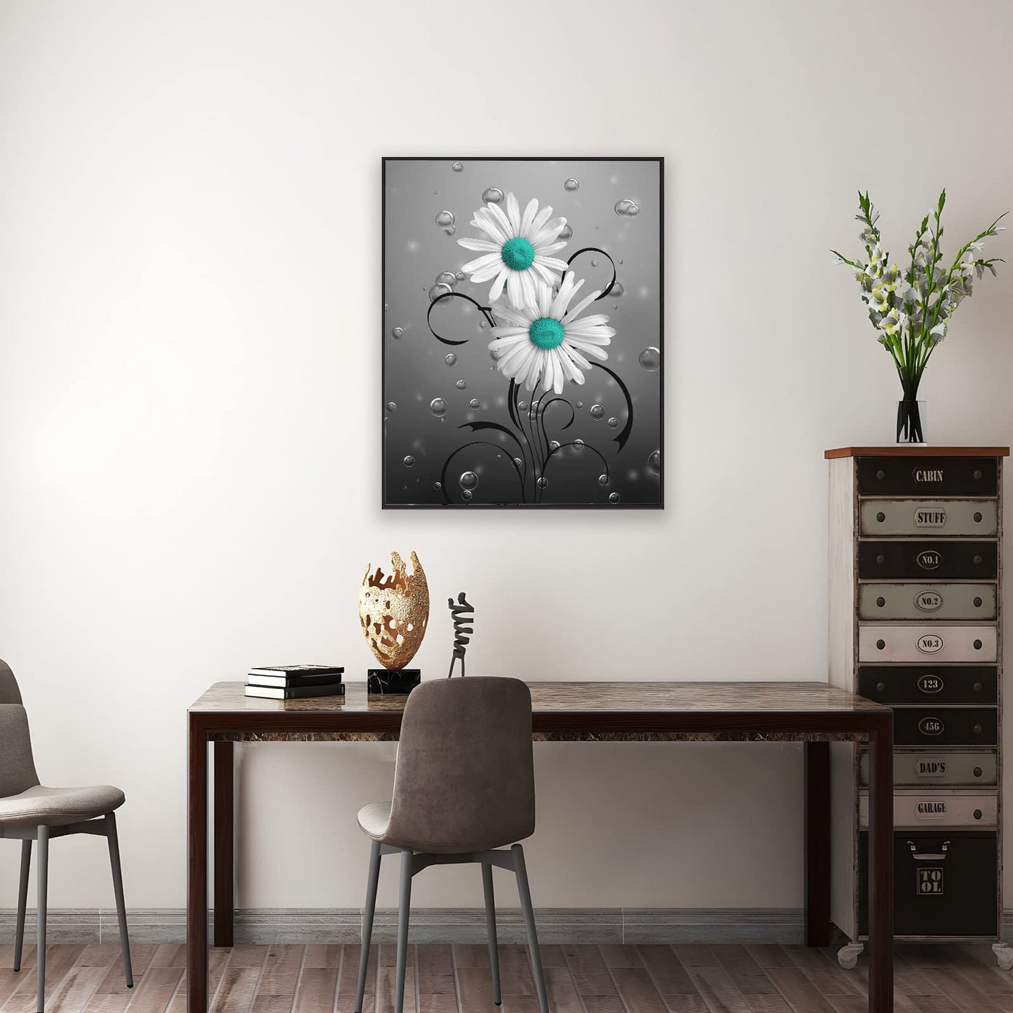 Daisy Canvas Wall Art Flower Bathroom Art Abstract Teal Daisy Poster White Flower Canvas Painting Rustic Daisy Wall Art Decor Country Floral Poster Prints for Living Room Bedroom (Unframed,16x20inch)