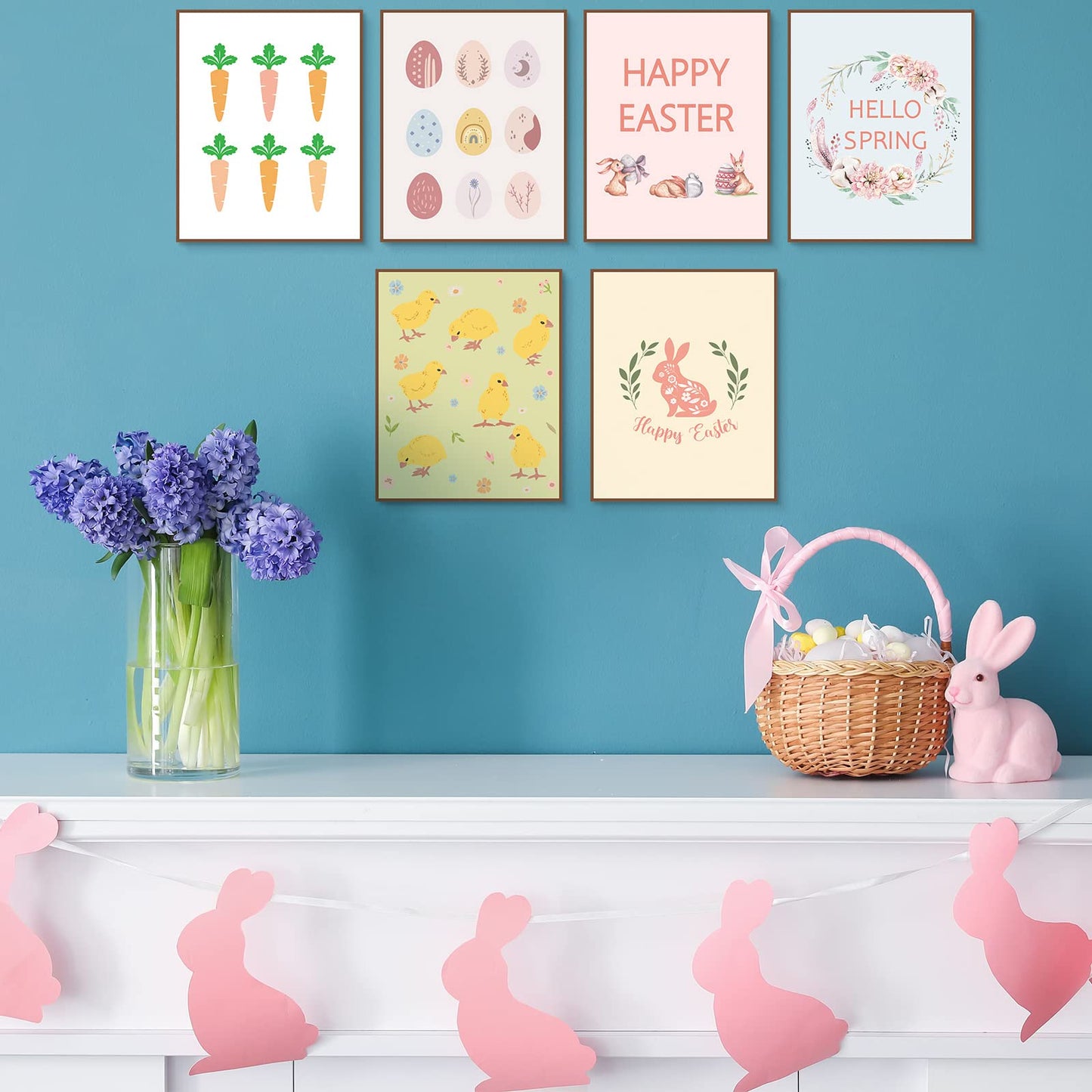 6 Pcs Easter Boho Wall Art Bunny Wall Decor 8 x 10 In Canvas Pastel Aesthetic Wall Decor Unframed Bedroom Decor Pictures for Wall Holiday Poster Prints for Living Room (carrot)