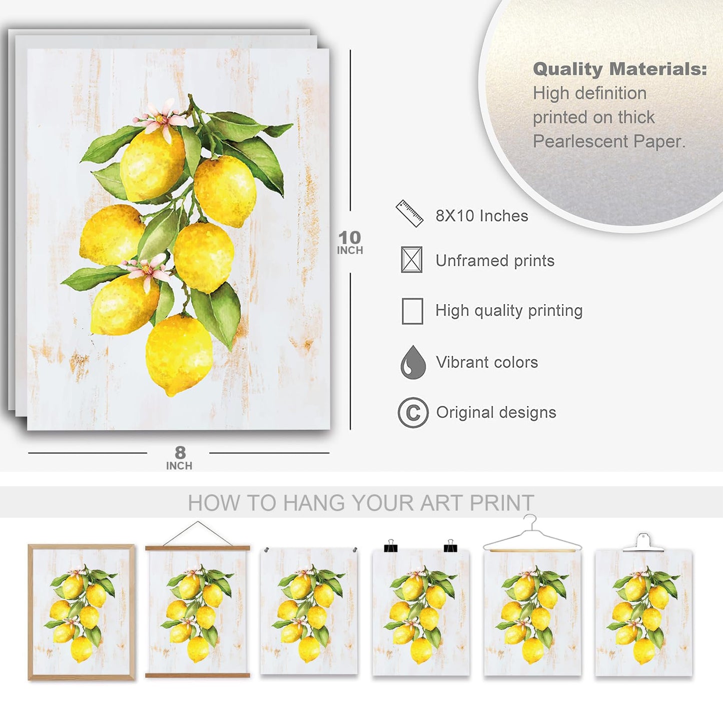 Wall Art Wall Décor Prints Lemon Posters for Room Aesthetic Watercolor Lemon Décor Lemon Kitchen Decor Lemon Themed Farmhouse Artwork for Home Office Kitchen Wall, Set of 3 Unframed, 8 x 10 Inch