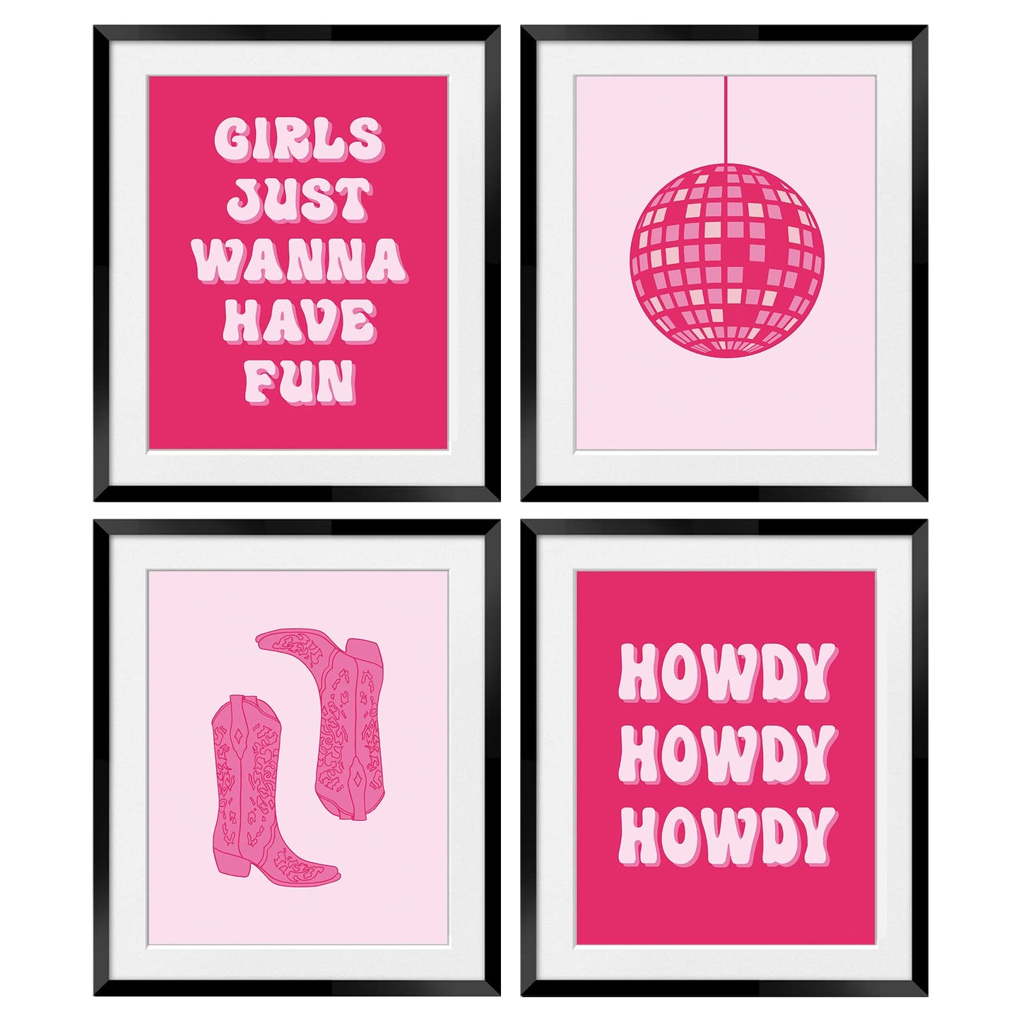 OGILRE Preppy Pink Abstract Disco Ball Cowgirl Boots Howdy Girl Just Wanna Have Fun Wall Art Decorations Prints, Cowgirl Boho Poster, 8x10 Inch 4 Set Unframed