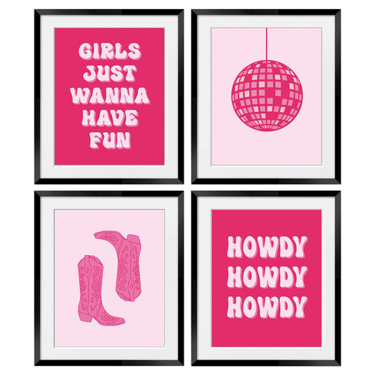 OGILRE Preppy Pink Abstract Disco Ball Cowgirl Boots Howdy Girl Just Wanna Have Fun Wall Art Decorations Prints, Cowgirl Boho Poster, 8x10 Inch 4 Set Unframed