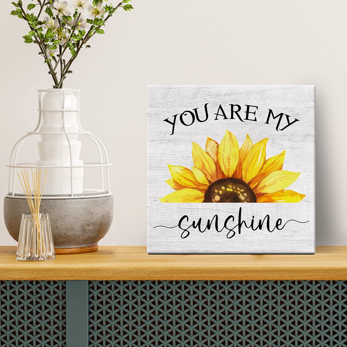 Country Sunflower Canvas Prints Wall Art Decor Desk Sign You are My Sunshine Sunflower Quote Poster Painting Framed Artwork 8 x 8 Inch Home Office Shelf Wall Decoration