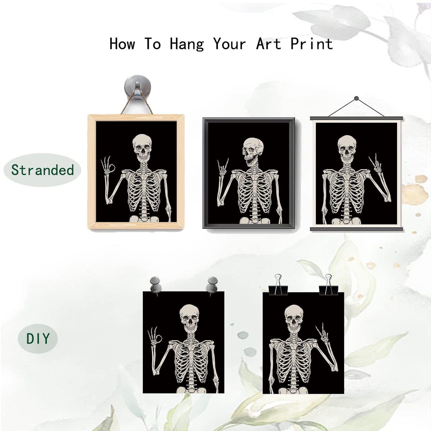 Halloween Wall Decor Skeleton Poster, Funny Goth Home Wall Art Prints, Gothic Skull Weird Paintings, Witchy Spooky Aesthetic Pictures for Bedroom Bathroom Pagan Room Decor Set of 3 Unframed (8x10)