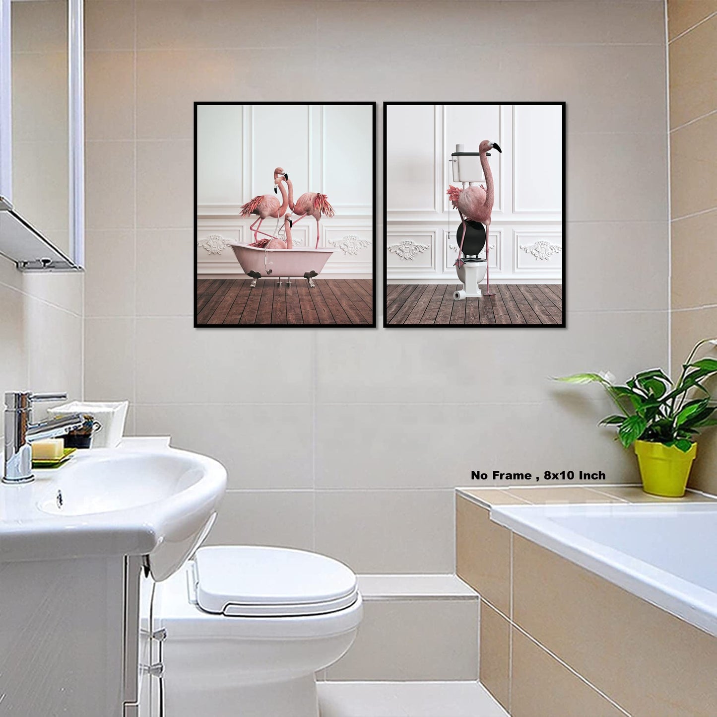 Funny Bathroom Flamingo Wall Art – Unframed Set of 2 (8 x 10 Inch) – Flamingos Pink Room Decor, Bathroom Wall Decor, Kids Bathroom Decor, Animal Flamingos Pictures Posters for Funny Bathroom and