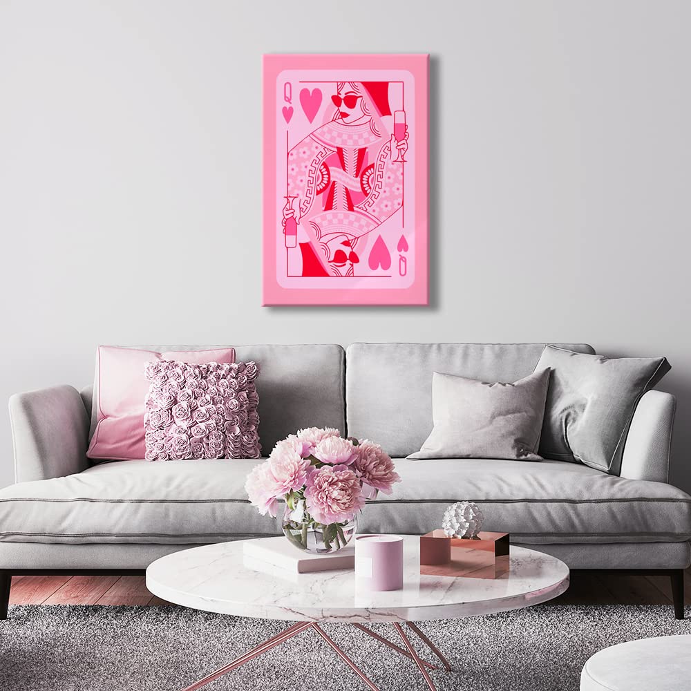 HEMOLAL pink Queen of Hearts poker aesthetic posters funny preppy playing card canvas wall art game room prints painting retro trendy modern wall decor for teen girl bedroom dorm 12x16in unframed