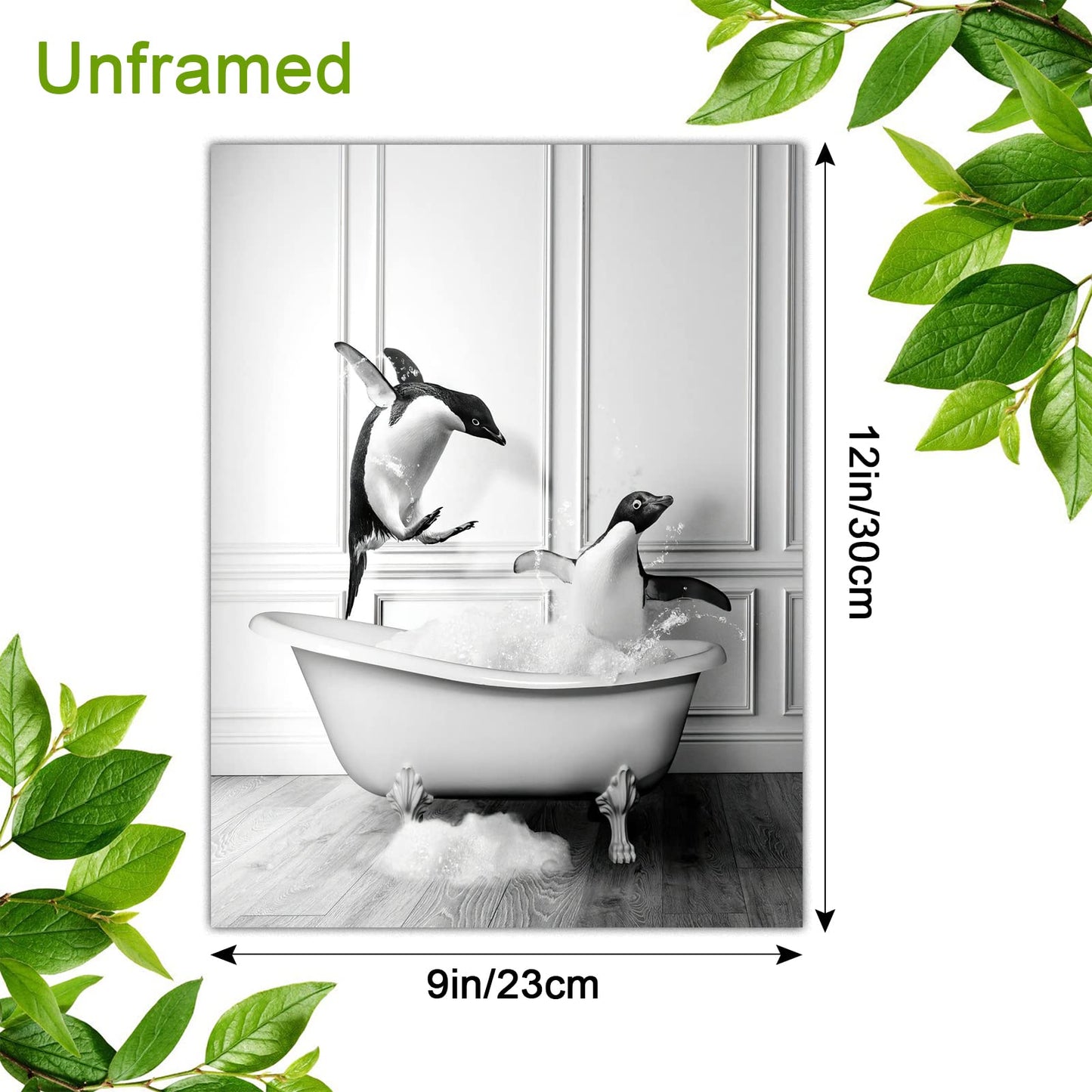 Penguin In Bathtub Canvas Wall Art - Bathroom Art Wall Decor - Animal Print Painting Picture - Black and White Artwork Poster No Frame (9x12in/23x30cm)
