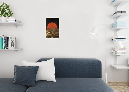 Sun Setting Ocean Waves Japanese Wood Block Style Beach Sunset Palm Landscape Pictures Scenic Scenery Tropical Nature Photography Paradise Scenes Cool Wall Decor Art Print Poster 12x18