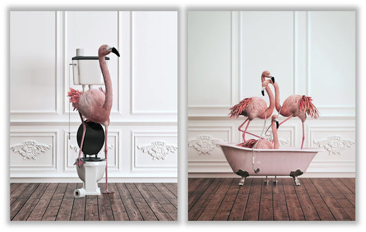 Funny Bathroom Flamingo Wall Art – Unframed Set of 2 (8 x 10 Inch) – Flamingos Pink Room Decor, Bathroom Wall Decor, Kids Bathroom Decor, Animal Flamingos Pictures Posters for Funny Bathroom and